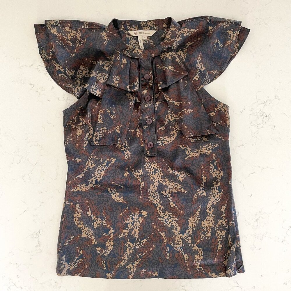 BCBGeneration Cap Sleeve Mandarin Collar Polyester Print Top Navy Cream Sz 4